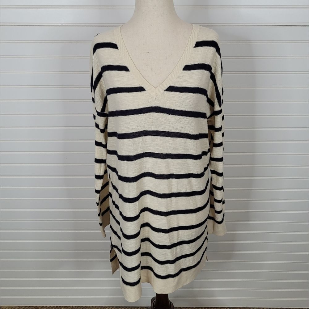 VINCE Navy & Ivory Striped Lightweight Cotton Long Sleeve Tunic Top Large